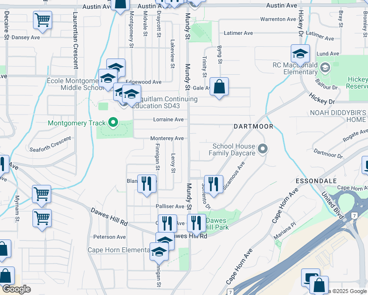 map of restaurants, bars, coffee shops, grocery stores, and more near 338 Mundy Street in Coquitlam
