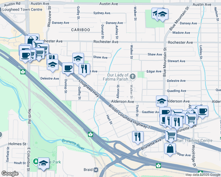 map of restaurants, bars, coffee shops, grocery stores, and more near 705 Quadling Avenue in Coquitlam