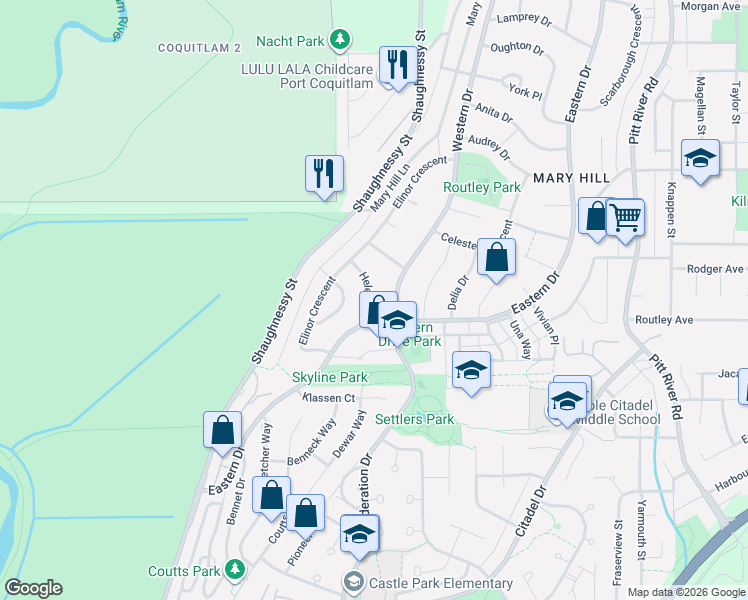 map of restaurants, bars, coffee shops, grocery stores, and more near 1448 Helen Drive in Port Coquitlam