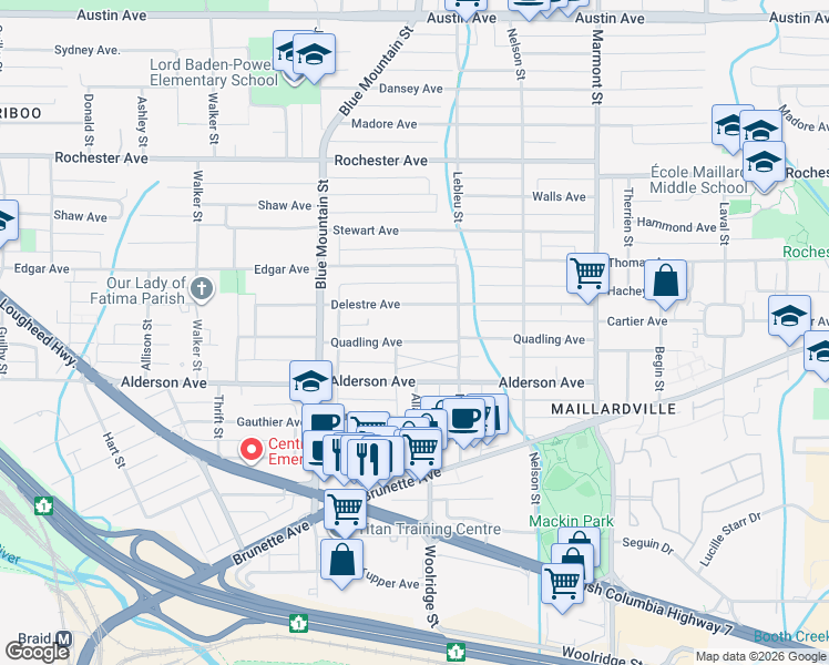map of restaurants, bars, coffee shops, grocery stores, and more near 949 Quadling Avenue in Coquitlam