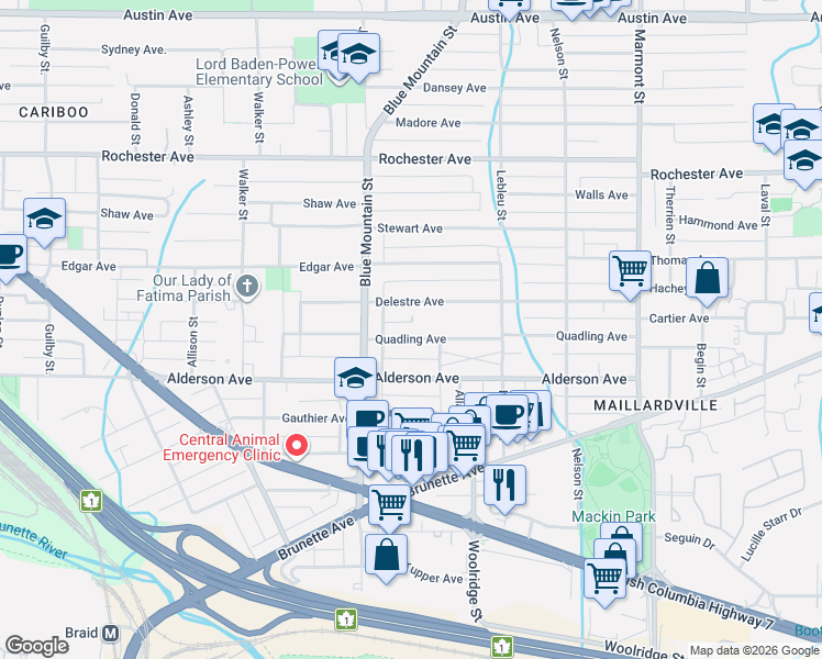 map of restaurants, bars, coffee shops, grocery stores, and more near 923 Quadling Avenue in Coquitlam