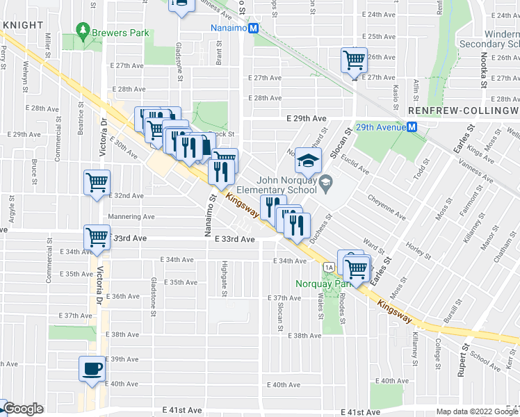 map of restaurants, bars, coffee shops, grocery stores, and more near in Vancouver