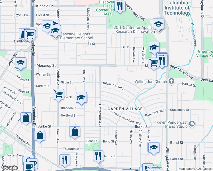 map of restaurants, bars, coffee shops, grocery stores, and more near 4136 Gilpin Crescent in Burnaby