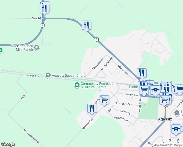 map of restaurants, bars, coffee shops, grocery stores, and more near 2006 Aberdeen Drive in Agassiz