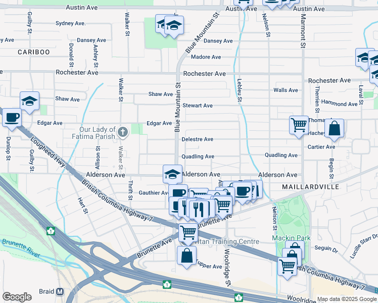 map of restaurants, bars, coffee shops, grocery stores, and more near 913 Quadling Avenue in Coquitlam