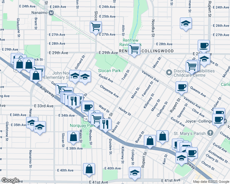 map of restaurants, bars, coffee shops, grocery stores, and more near 2863 Cheyenne Avenue in Vancouver