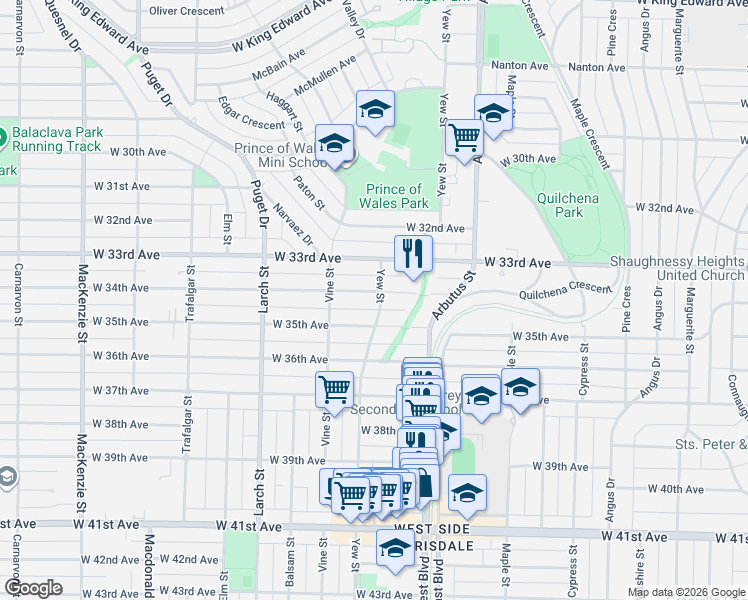 map of restaurants, bars, coffee shops, grocery stores, and more near 2208 West 34th Avenue in Vancouver