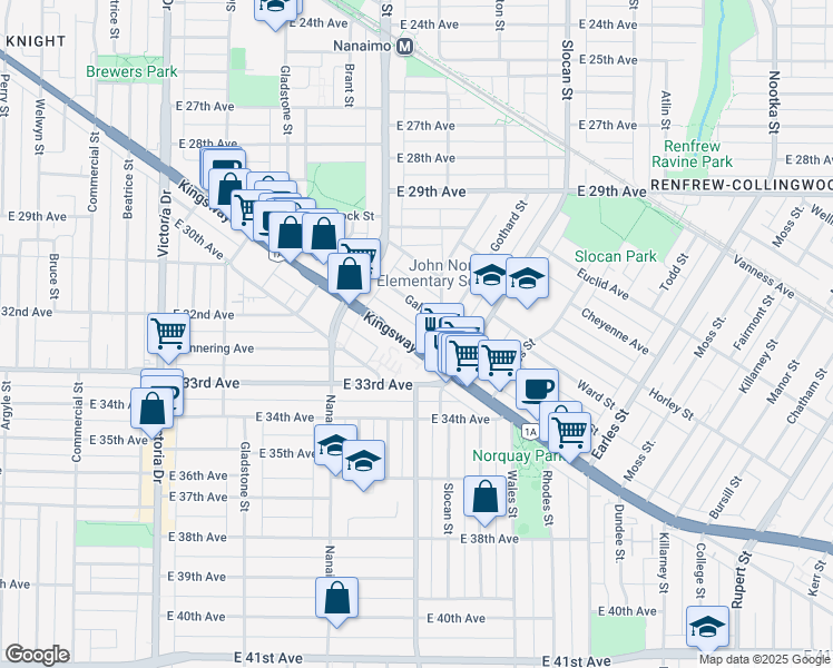 map of restaurants, bars, coffee shops, grocery stores, and more near 2435 Kingsway in Vancouver