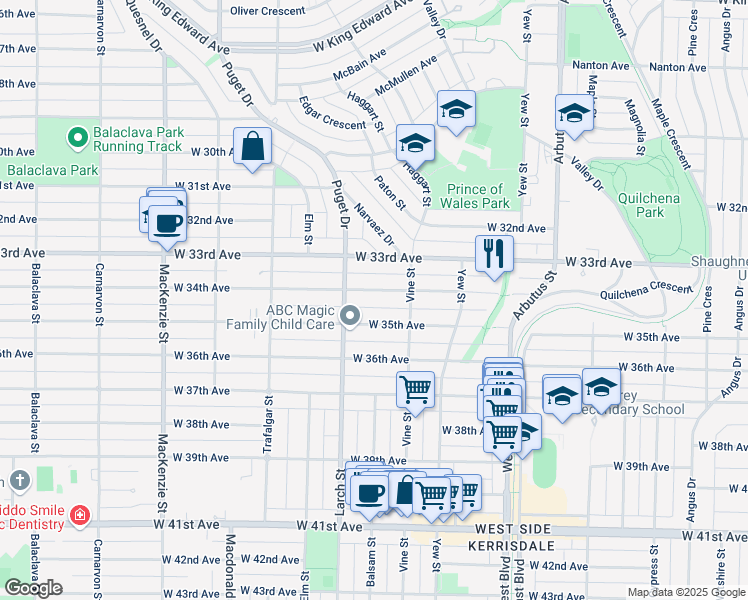 map of restaurants, bars, coffee shops, grocery stores, and more near 2402 West 34th Avenue in Vancouver