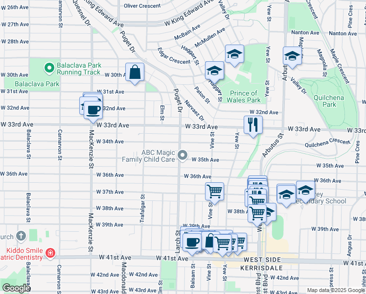 map of restaurants, bars, coffee shops, grocery stores, and more near 2498 West 34th Avenue in Vancouver