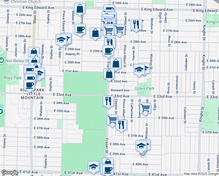 map of restaurants, bars, coffee shops, grocery stores, and more near 4838 Fraser Street in Vancouver