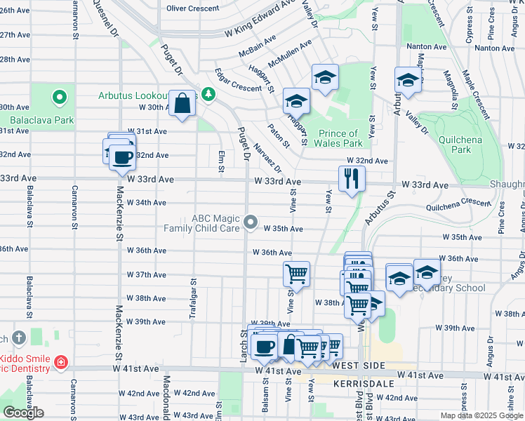 map of restaurants, bars, coffee shops, grocery stores, and more near 2426 West 34th Avenue in Vancouver