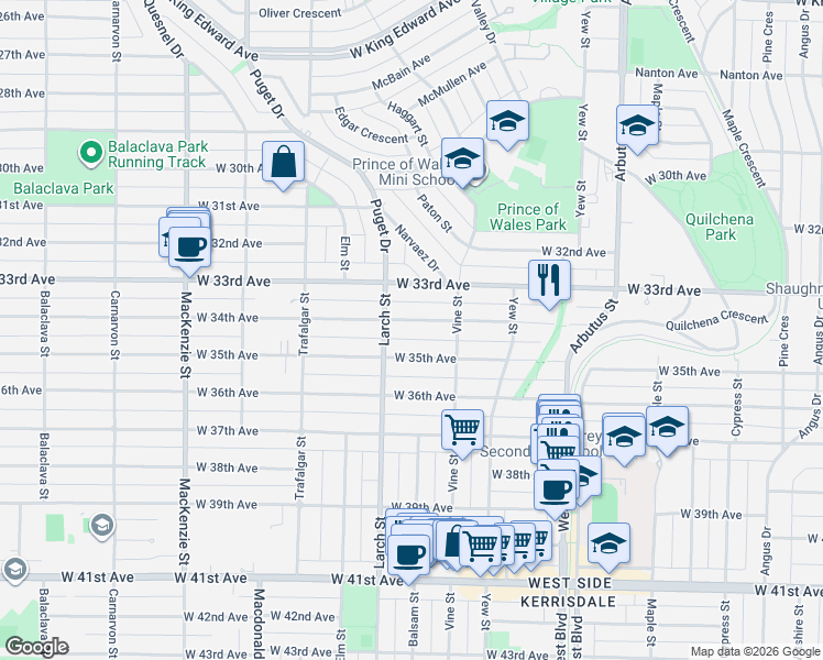 map of restaurants, bars, coffee shops, grocery stores, and more near 2426 West 34th Avenue in Vancouver