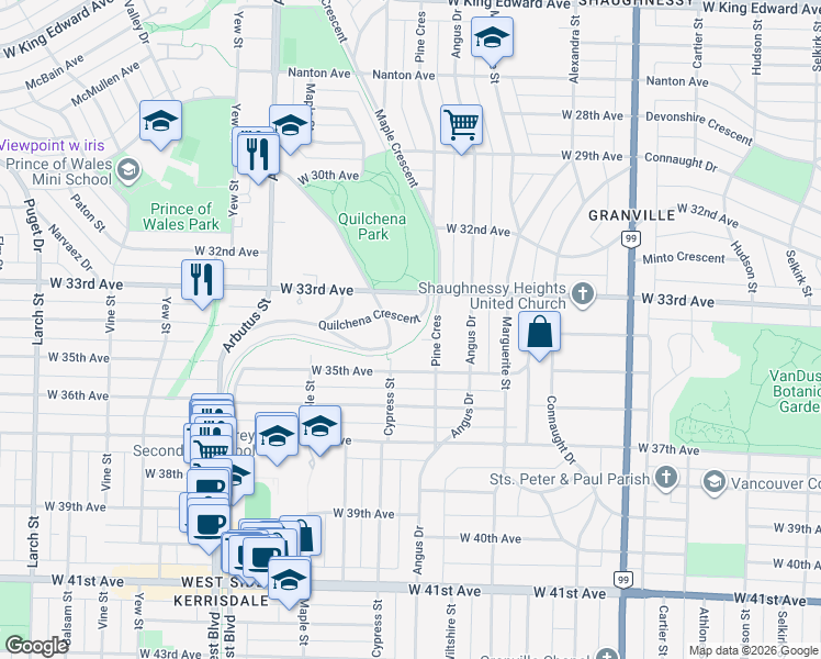 map of restaurants, bars, coffee shops, grocery stores, and more near 1840 Quilchena Crescent in Vancouver