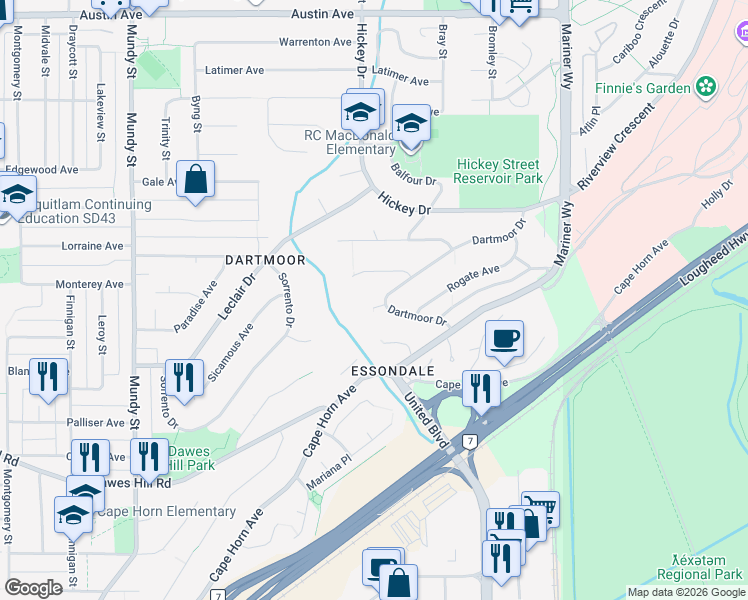 map of restaurants, bars, coffee shops, grocery stores, and more near 2519 Penshurst Court in Coquitlam