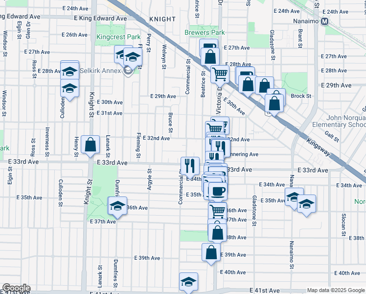 map of restaurants, bars, coffee shops, grocery stores, and more near 4825 Commercial Street in Vancouver