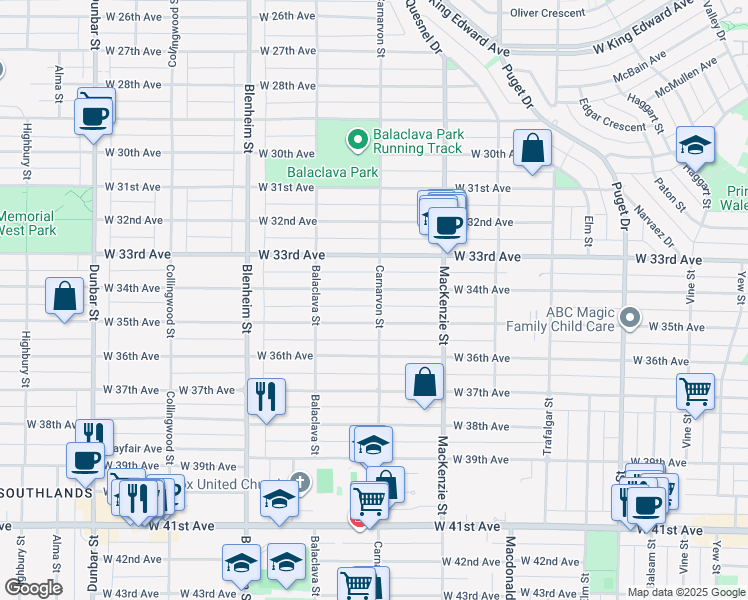 map of restaurants, bars, coffee shops, grocery stores, and more near 3008 West 34th Avenue in Vancouver