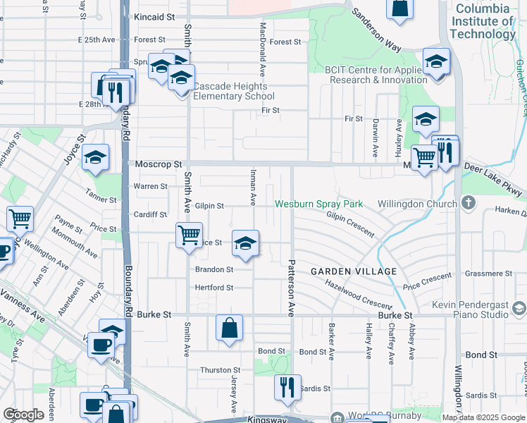map of restaurants, bars, coffee shops, grocery stores, and more near 4018 Gilpin Street in Burnaby