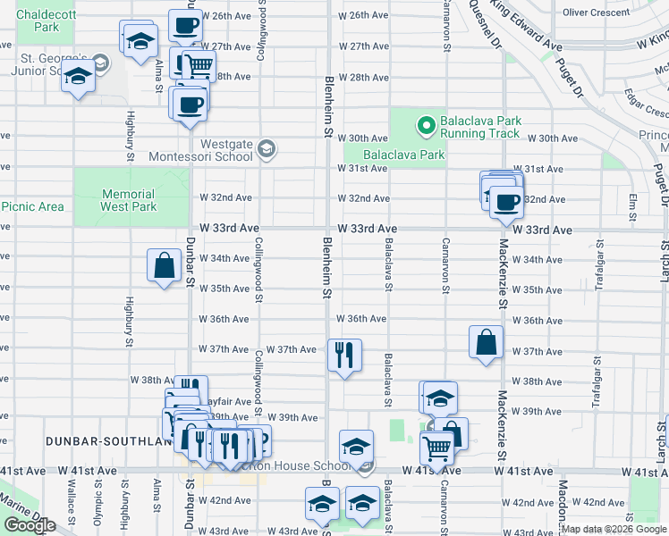 map of restaurants, bars, coffee shops, grocery stores, and more near 5030 Blenheim Street in Vancouver