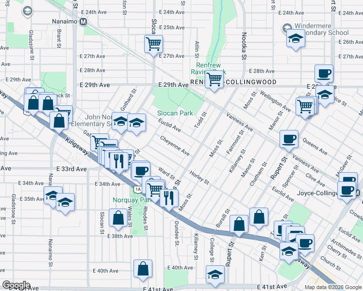 map of restaurants, bars, coffee shops, grocery stores, and more near 2841 Cheyenne Avenue in Vancouver