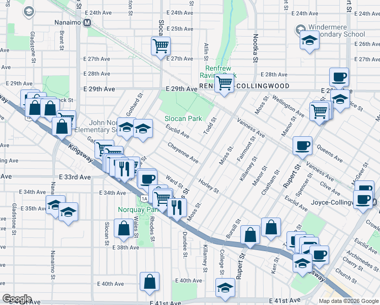 map of restaurants, bars, coffee shops, grocery stores, and more near 2841 Cheyenne Avenue in Vancouver