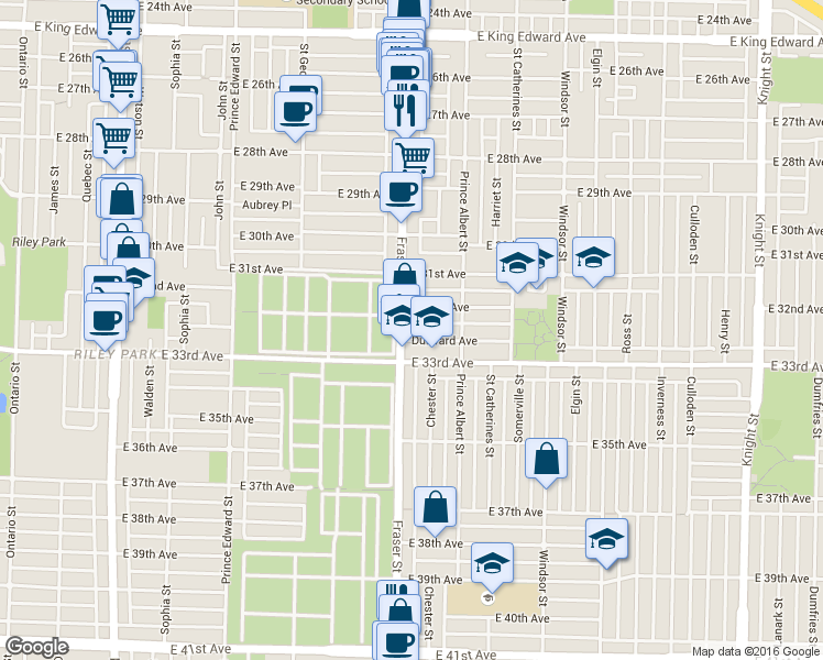 map of restaurants, bars, coffee shops, grocery stores, and more near in Vancouver