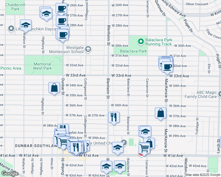 map of restaurants, bars, coffee shops, grocery stores, and more near 5030 Blenheim Street in Vancouver