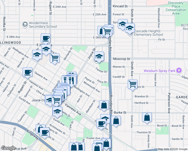 map of restaurants, bars, coffee shops, grocery stores, and more near 3577 Price Street in Vancouver