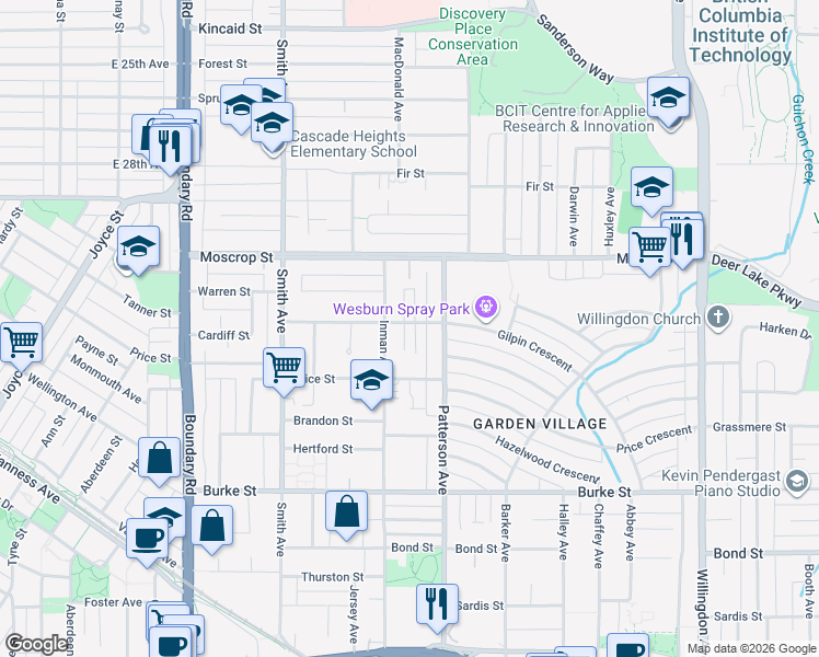 map of restaurants, bars, coffee shops, grocery stores, and more near 4038 Gilpin Street in Burnaby