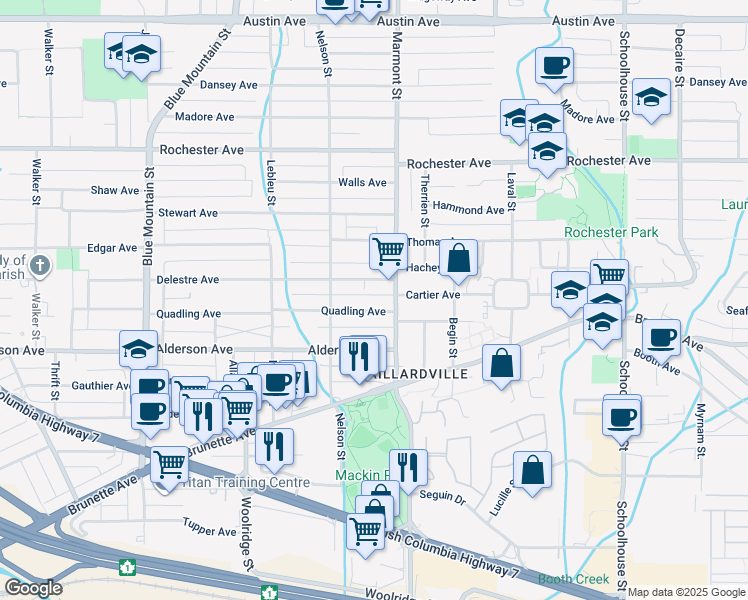 map of restaurants, bars, coffee shops, grocery stores, and more near 1055 Quadling Avenue in Coquitlam