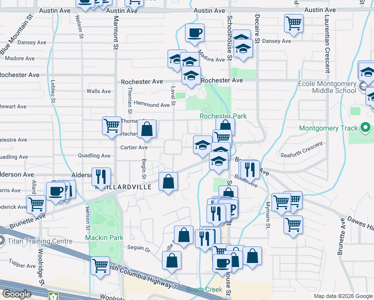 map of restaurants, bars, coffee shops, grocery stores, and more near in Coquitlam