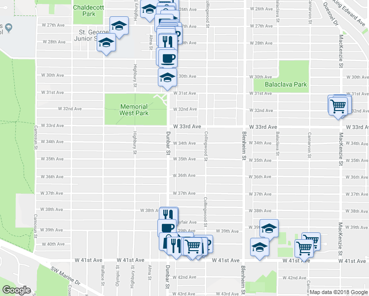 map of restaurants, bars, coffee shops, grocery stores, and more near 3562 West 34th Avenue in Vancouver