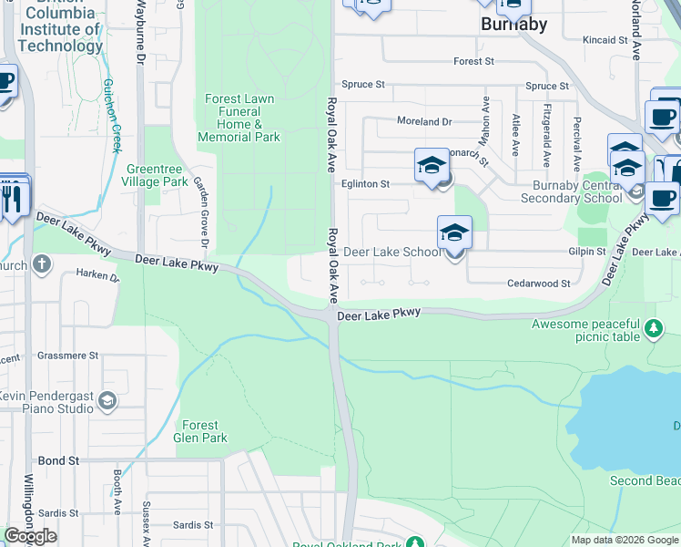 map of restaurants, bars, coffee shops, grocery stores, and more near 4842 Royal Oak Avenue in Burnaby