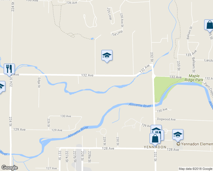 map of restaurants, bars, coffee shops, grocery stores, and more near 22948 132 Avenue in Maple Ridge