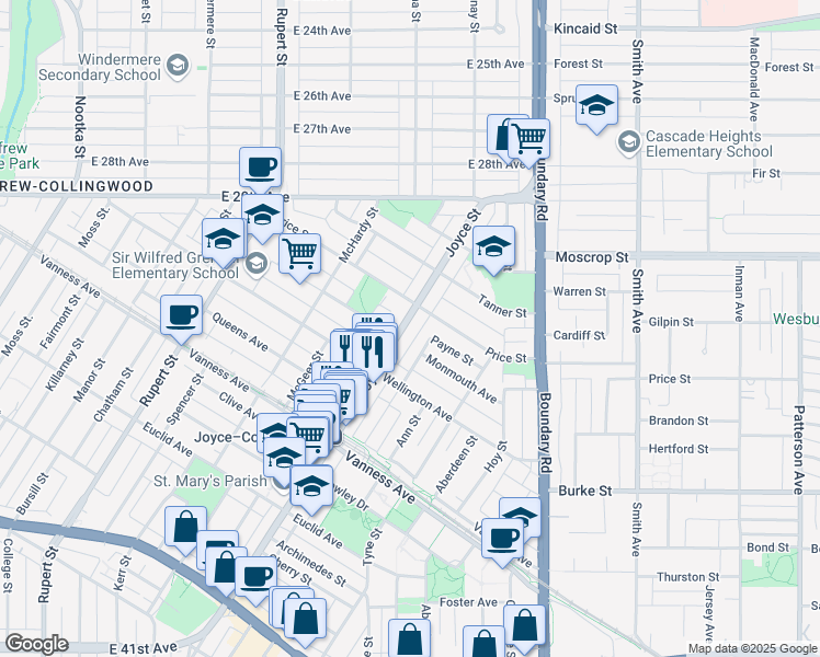 map of restaurants, bars, coffee shops, grocery stores, and more near 4822 Joyce Street in Vancouver