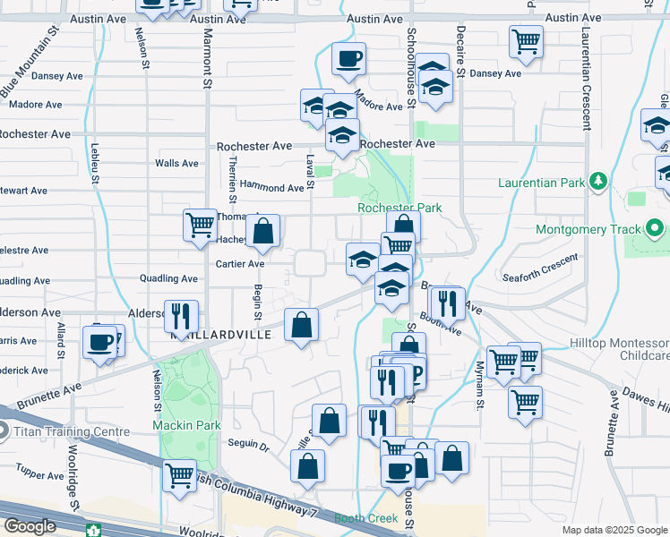 map of restaurants, bars, coffee shops, grocery stores, and more near 1306 Laval Square in Coquitlam