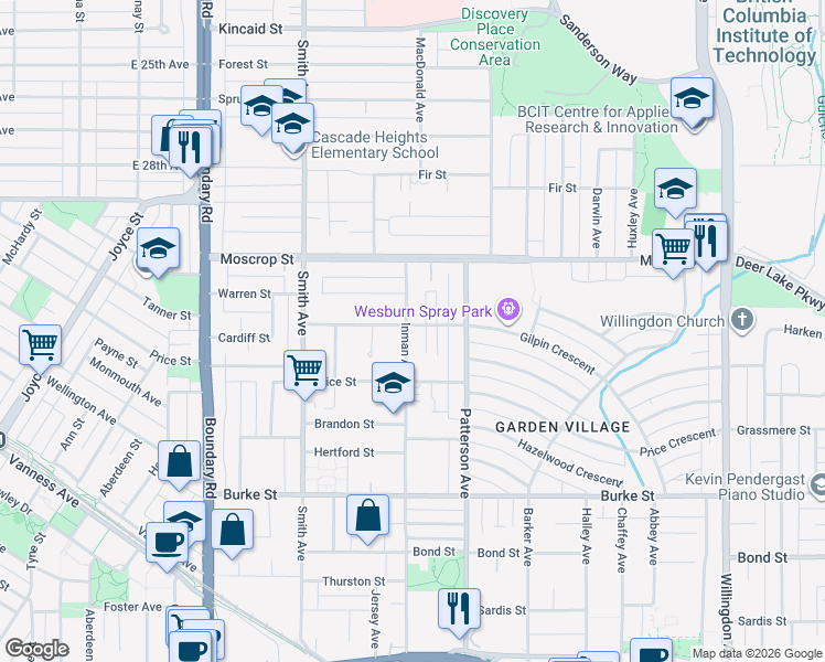 map of restaurants, bars, coffee shops, grocery stores, and more near 4018 Gilpin Street in Burnaby