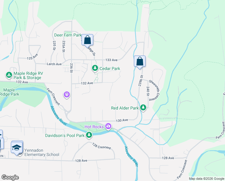 map of restaurants, bars, coffee shops, grocery stores, and more near 13086 238 Street in Maple Ridge