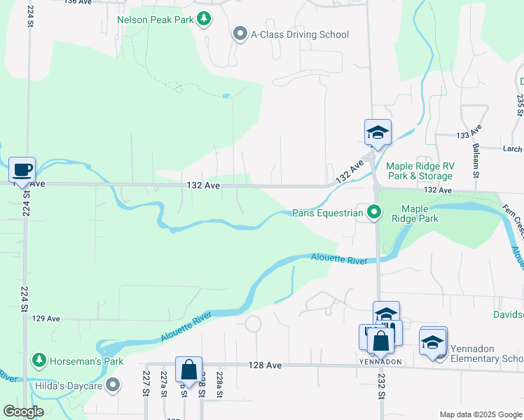 map of restaurants, bars, coffee shops, grocery stores, and more near 22948 132 Avenue in Maple Ridge