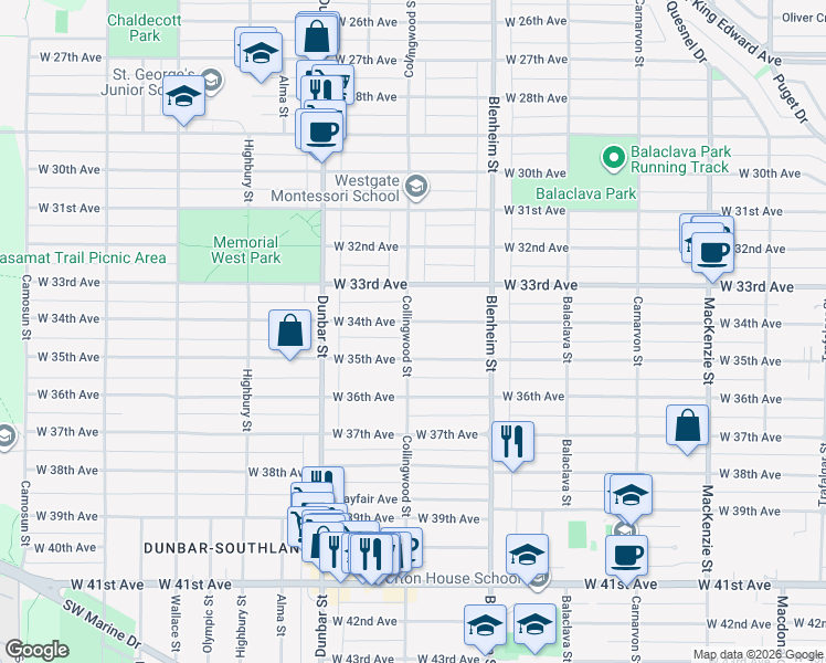 map of restaurants, bars, coffee shops, grocery stores, and more near 3492 West 34th Avenue in Vancouver