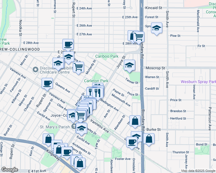 map of restaurants, bars, coffee shops, grocery stores, and more near 4822 Joyce Street in Vancouver