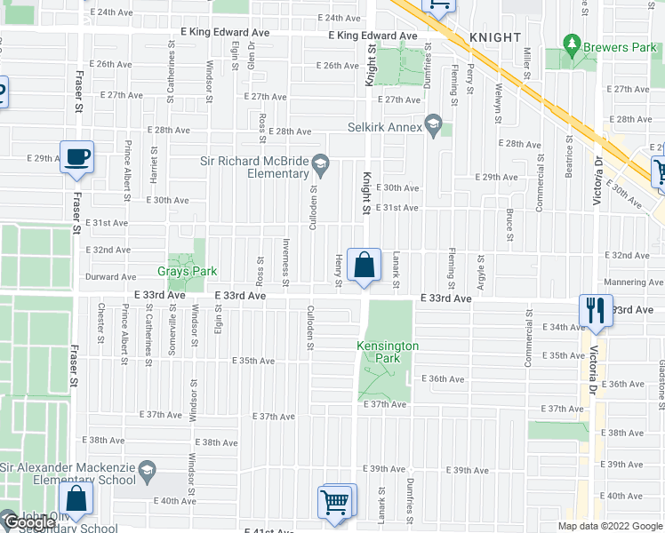 map of restaurants, bars, coffee shops, grocery stores, and more near 4833 Henry Street in Vancouver