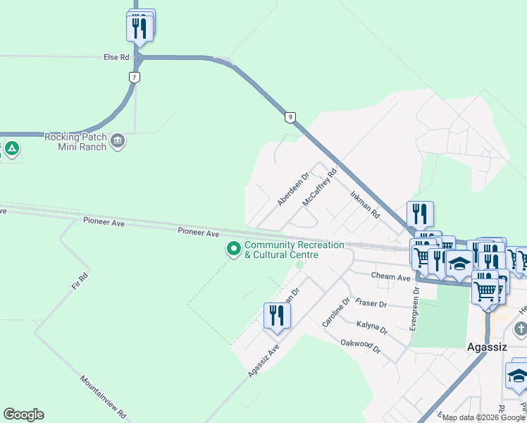 map of restaurants, bars, coffee shops, grocery stores, and more near 1999 Aberdeen Drive in Agassiz