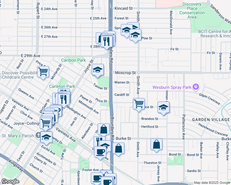 map of restaurants, bars, coffee shops, grocery stores, and more near 3713 Cardiff Street in Burnaby