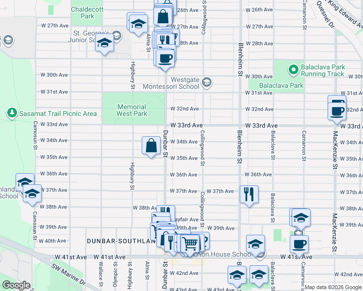 map of restaurants, bars, coffee shops, grocery stores, and more near 3562 West 34th Avenue in Vancouver