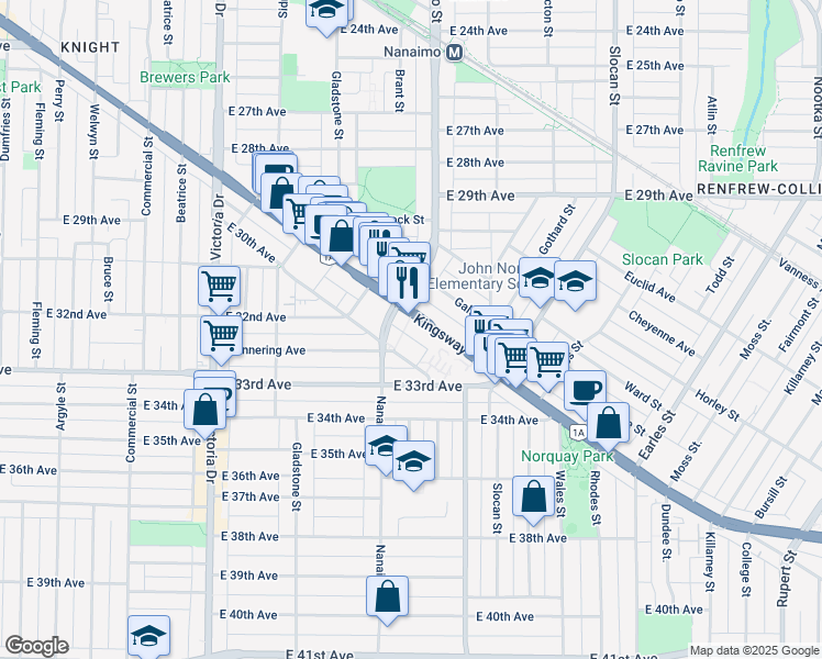 map of restaurants, bars, coffee shops, grocery stores, and more near in Vancouver
