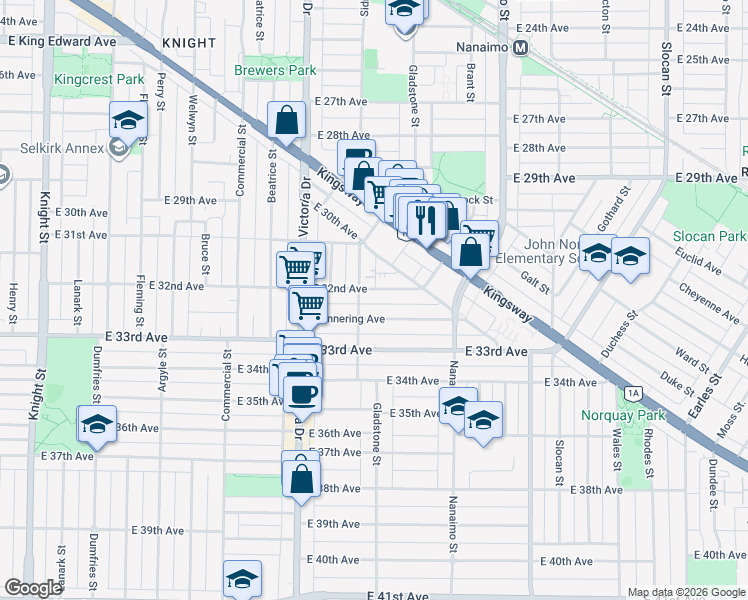 map of restaurants, bars, coffee shops, grocery stores, and more near in Vancouver