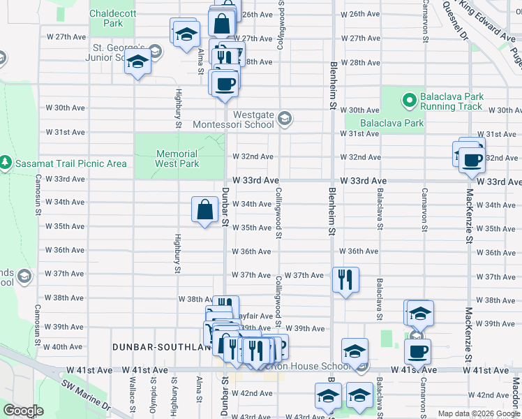 map of restaurants, bars, coffee shops, grocery stores, and more near in Vancouver