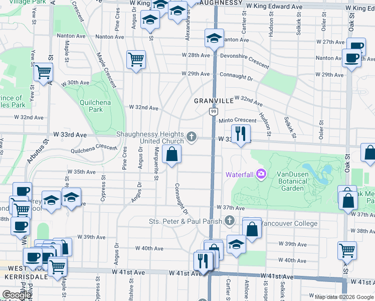 map of restaurants, bars, coffee shops, grocery stores, and more near 1569 West 34th Avenue in Vancouver