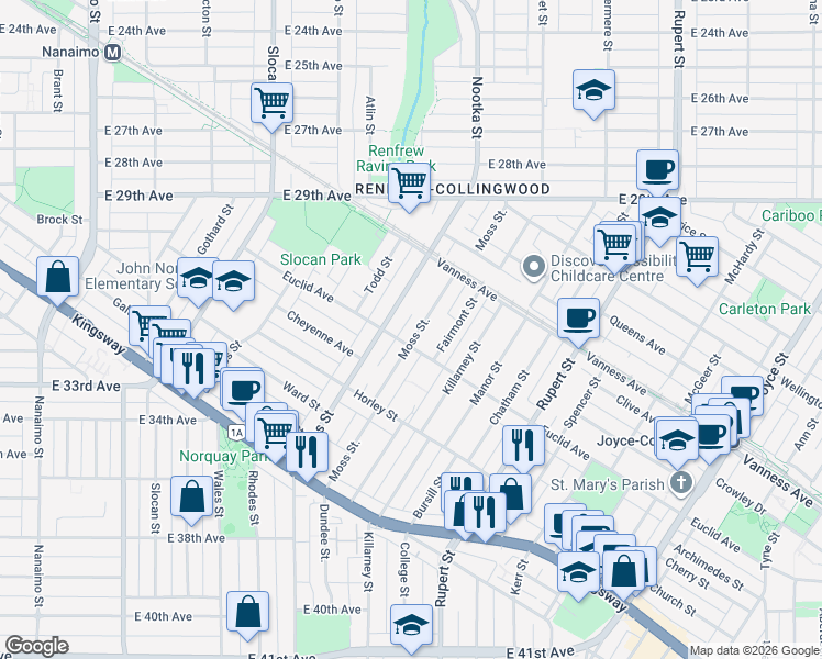 map of restaurants, bars, coffee shops, grocery stores, and more near 4885 Moss Street in Vancouver